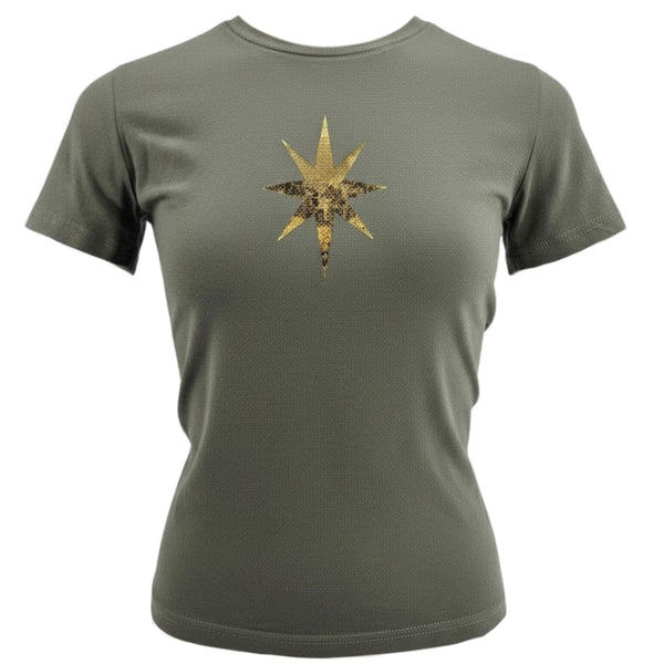 Green t-shirt with a gold star design on a white background