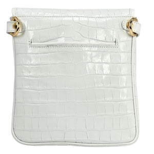 White crocodile-patterned handbag with gold accents on a white background
