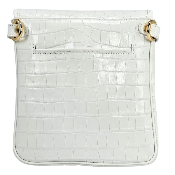 White crocodile-patterned handbag with gold accents on a white background