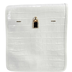 White crocodile-patterned wallet with a gold and black lock on a white background