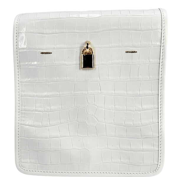 White crocodile-patterned wallet with a gold and black lock on a white background