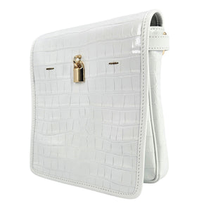 White crocodile-patterned handbag with a gold lock on a white background