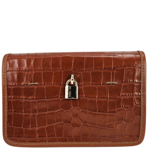 Brown crocodile-patterned wallet with a gold lock on a white background