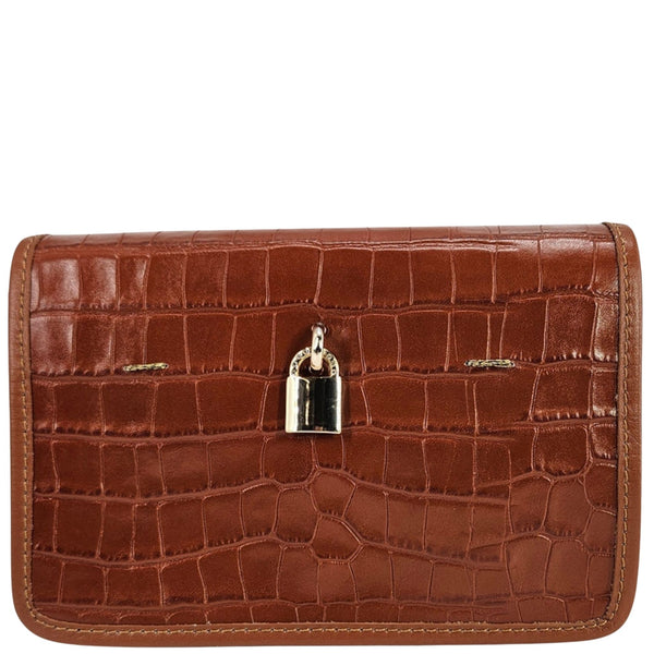 Brown crocodile-patterned wallet with a gold lock on a white background