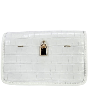 White textured wallet with a gold and black charm on a white background