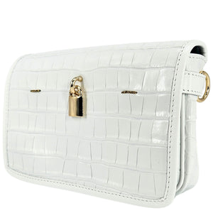 White crocodile-patterned handbag with a gold lock on a white background