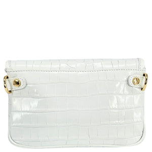 White crocodile-patterned handbag with gold accents on a white background