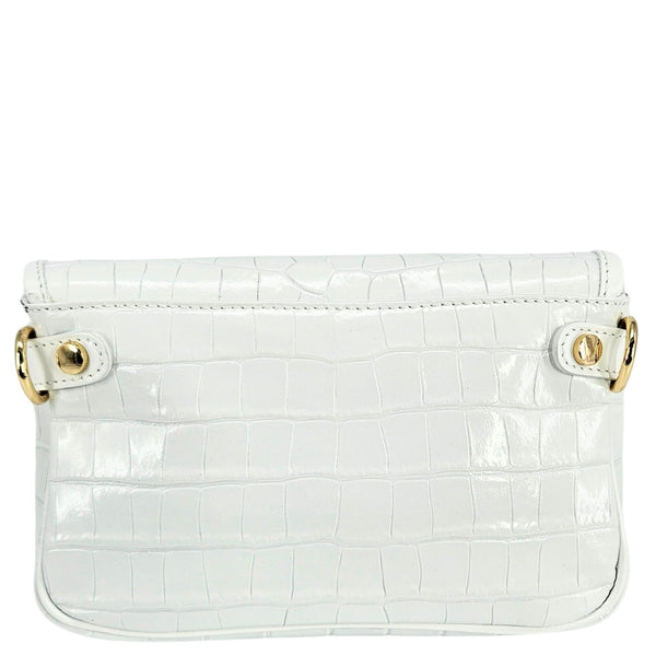 White crocodile-patterned handbag with gold accents on a white background