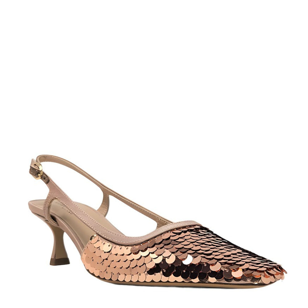 Gold sequined snip-toe slingback heel with slim ankle strap and block heel