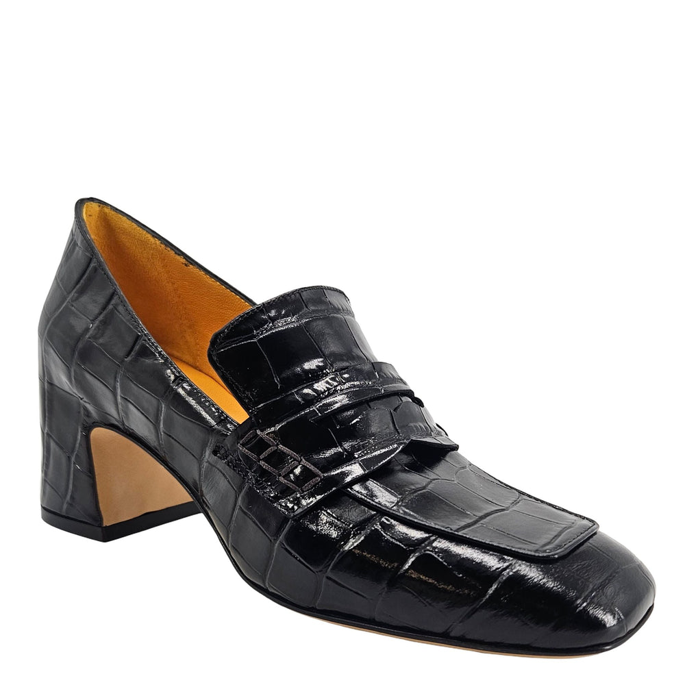 Croc-embossed leather loafer with mid block heel and slip-on moc toe