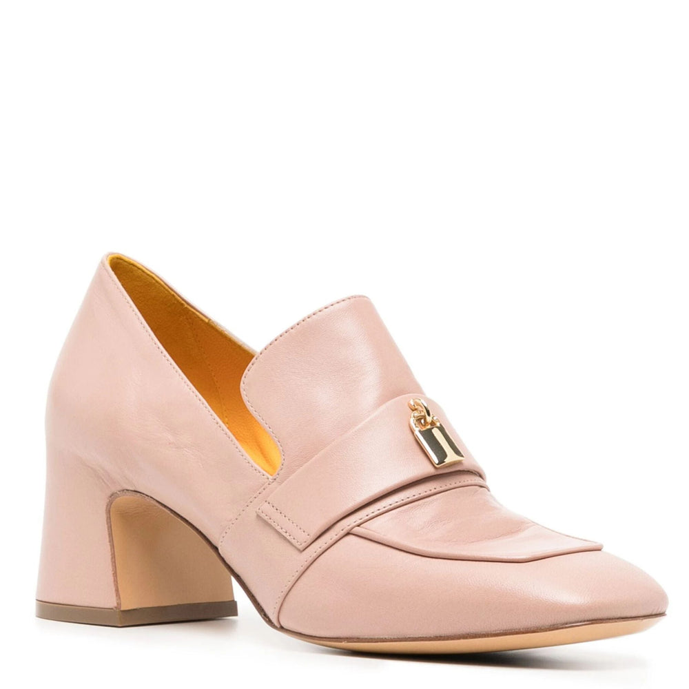 Light pink leather heeled loafer with square toe, slip-on strap and block heel