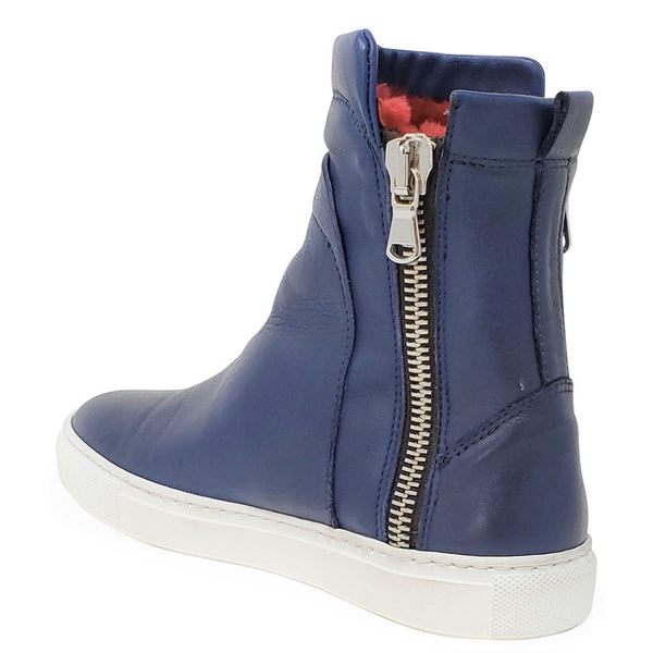 Blue ankle boot with a zipper on a white background
