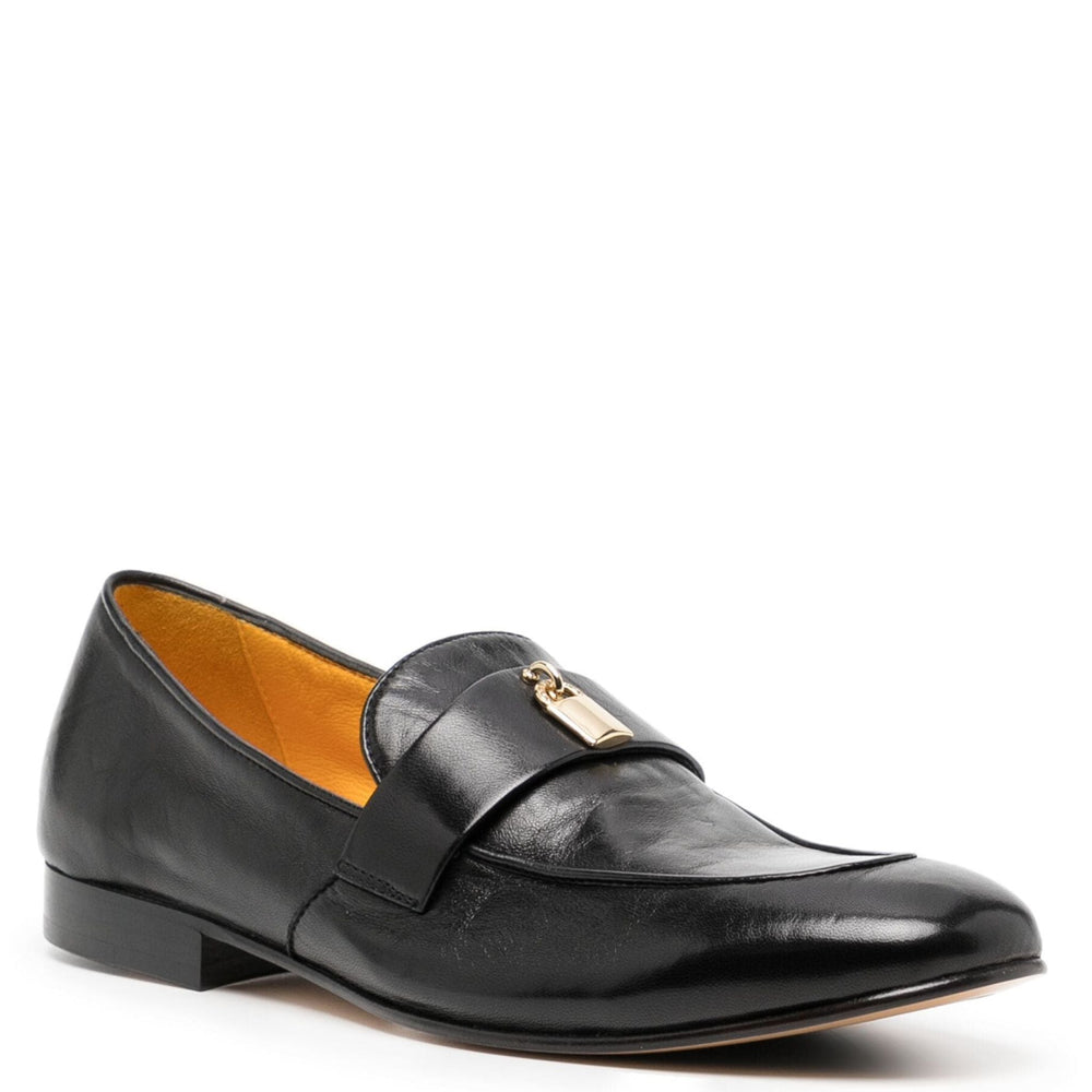 Black leather flat loafer with metal lock detail and moc toe stitching