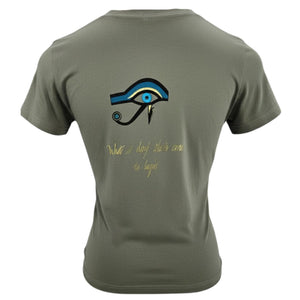 Green t-shirt with an eye design and text on a white background