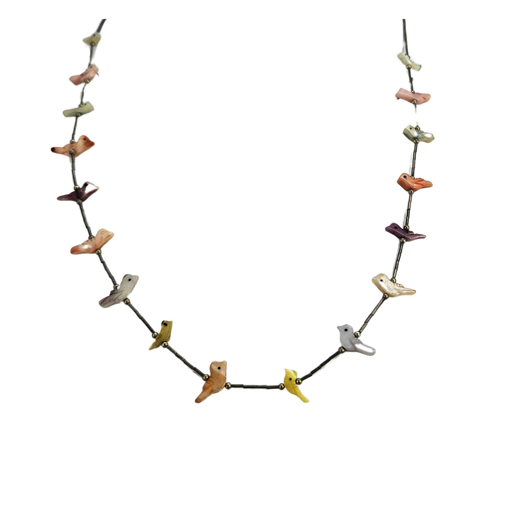 Vintage mother-of-pearl bird necklace with multicolor bird charms on a metal chain