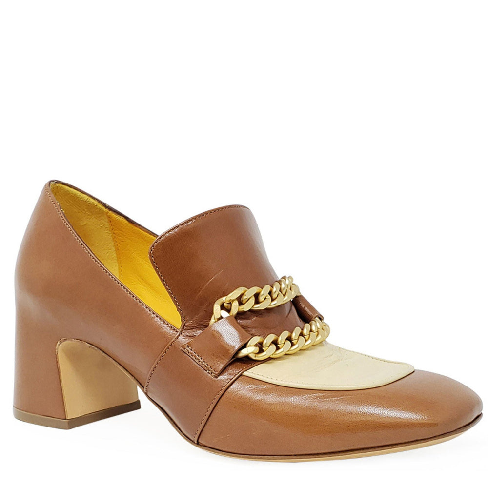 Tan and cream leather mid-heel loafer with gold-tone chain detail
