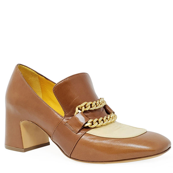 Brown loafer with gold chain detail on a white background