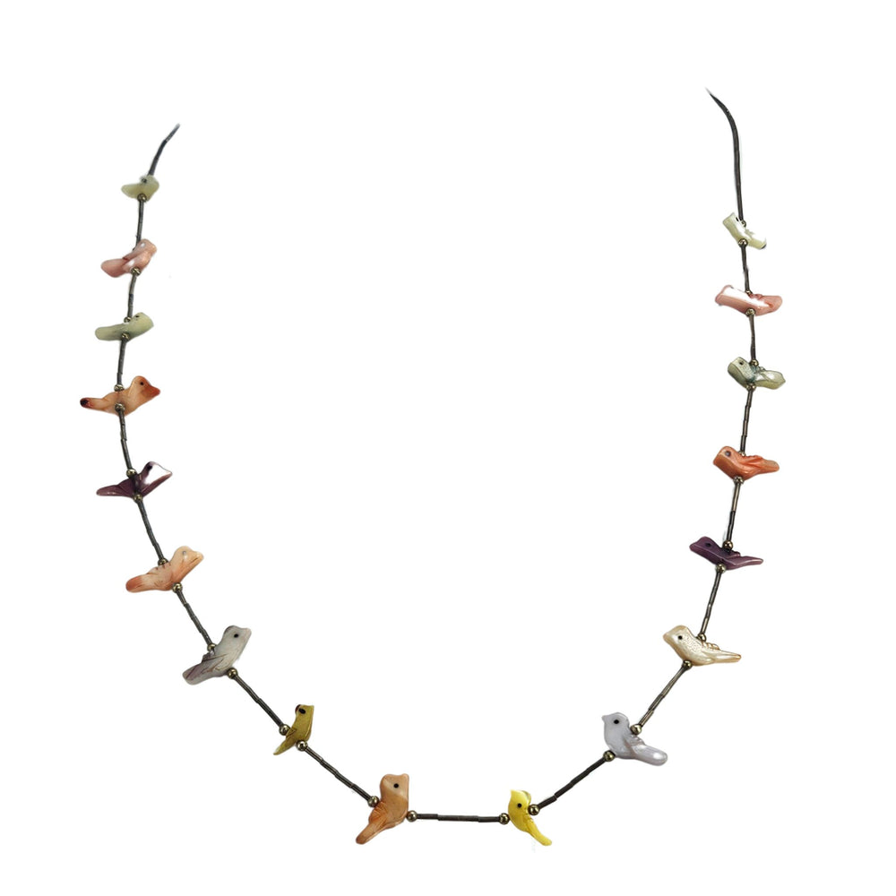 Vintage mother-of-pearl bird necklace with multicolor bird charms on a metal chain