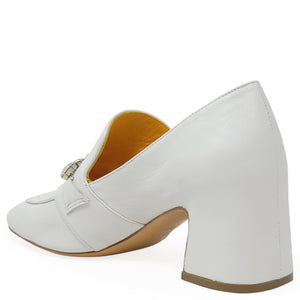White shoe with a block heel on a white background