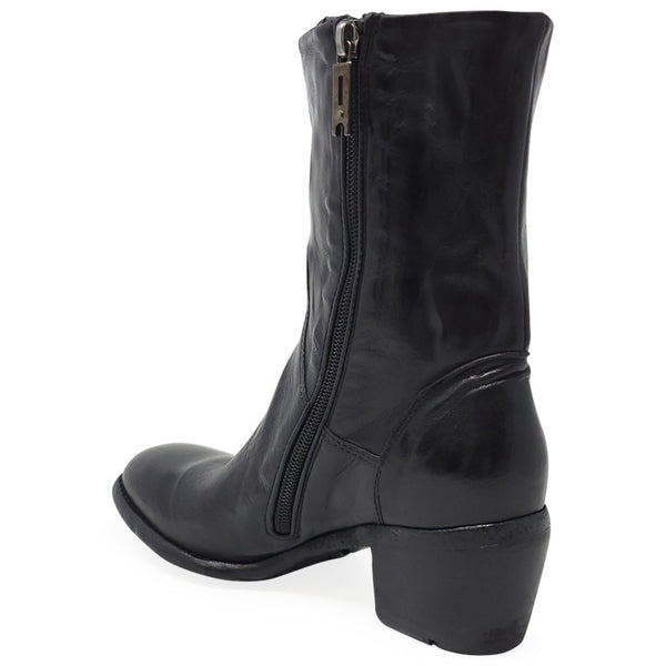 Black leather boot with a zipper on a white background
