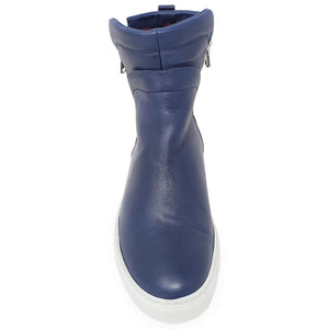 Blue rain boot with white sole on a white background