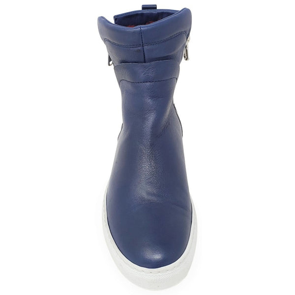 Blue rain boot with white sole on a white background