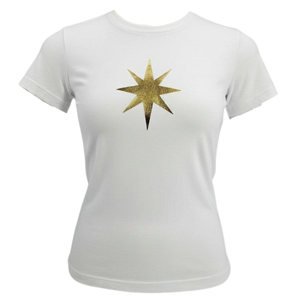 White t-shirt with a gold star design on a white background