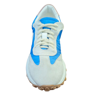 White and blue sneaker with a white background