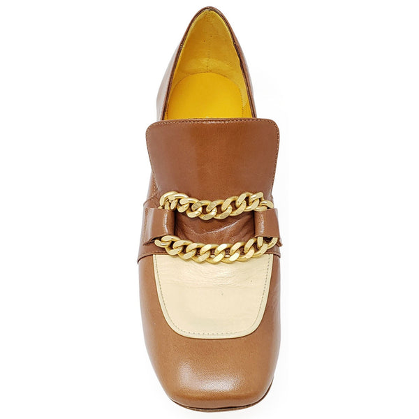 Brown loafer with gold chain detail on a white background