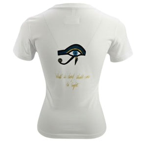 White t-shirt with an eye design and text on a white background