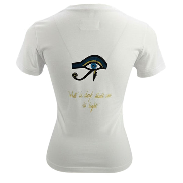 White t-shirt with an eye design and text on a white background
