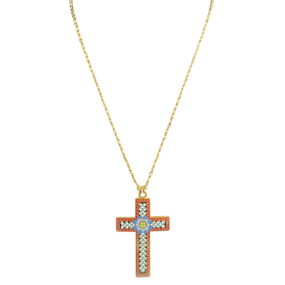 Gold necklace with a cross pendant featuring colorful stones on a white background