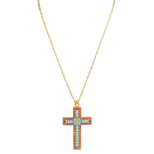 Gold necklace with a cross pendant featuring colorful stones on a white background