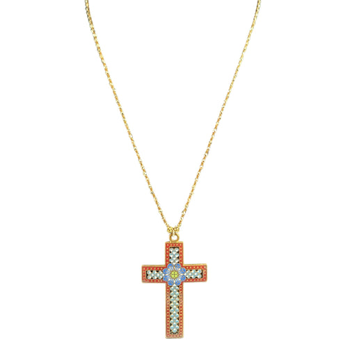 Gold necklace with a cross pendant featuring colorful stones on a white background