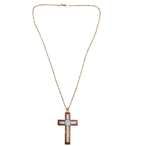 Necklace with a cross pendant featuring colorful gemstones on a white background