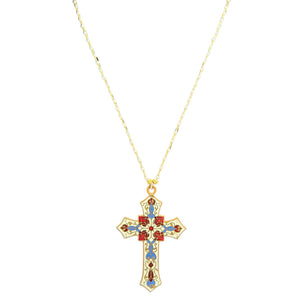 Gold cross necklace with colorful stones on a white background