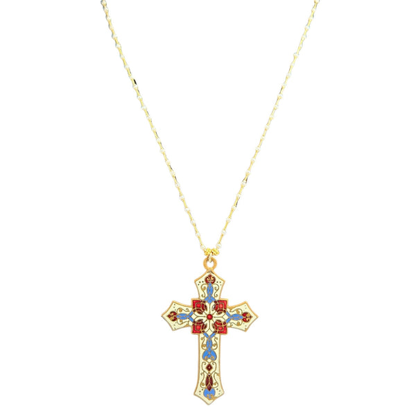 Gold cross necklace with colorful stones on a white background