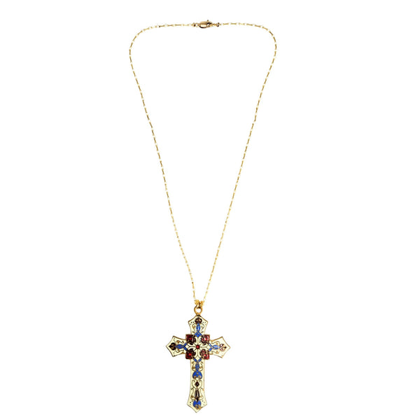Gold necklace with a cross pendant featuring colorful gemstones on a white background