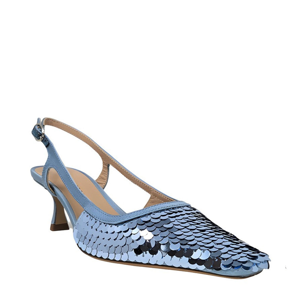 Blue sequin snip-toe slingback heeled pump with ankle strap