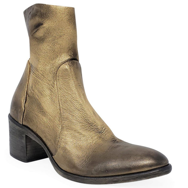 Gold leather ankle boot on a white background
