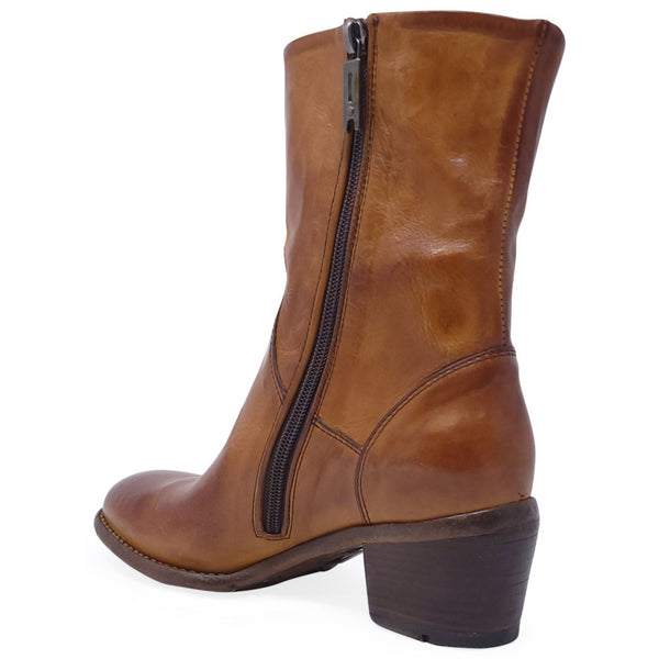 Brown leather boot with a zipper on a white background