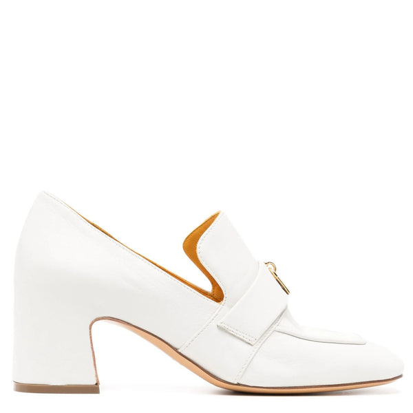 White loafer shoe with gold accents on a white background