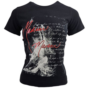 Black t-shirt with graphic design and text on a white background