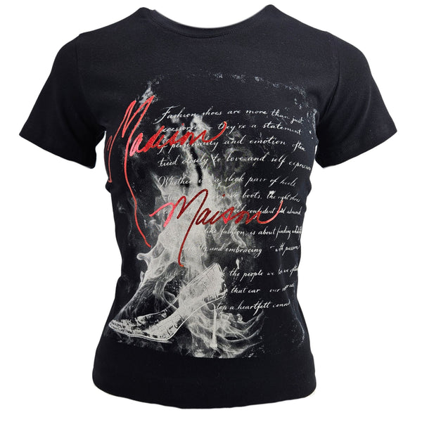 Black t-shirt with graphic design and text on a white background
