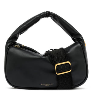 Black handbag with a gold buckle on a white background