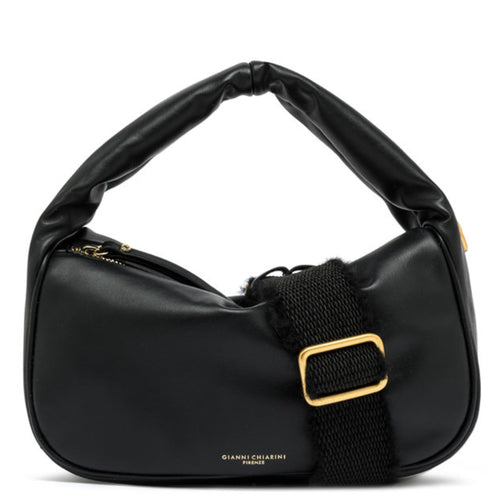 Black handbag with a gold buckle on a white background