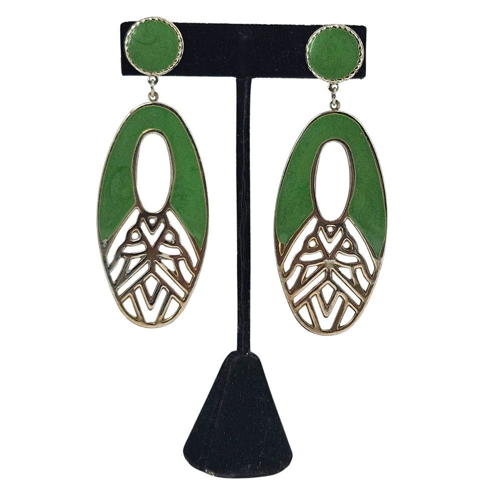 Green enamel oval drop earrings with gold-tone filigree pattern and small round studs