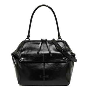 Black leather handbag with a shoulder strap on a white background
