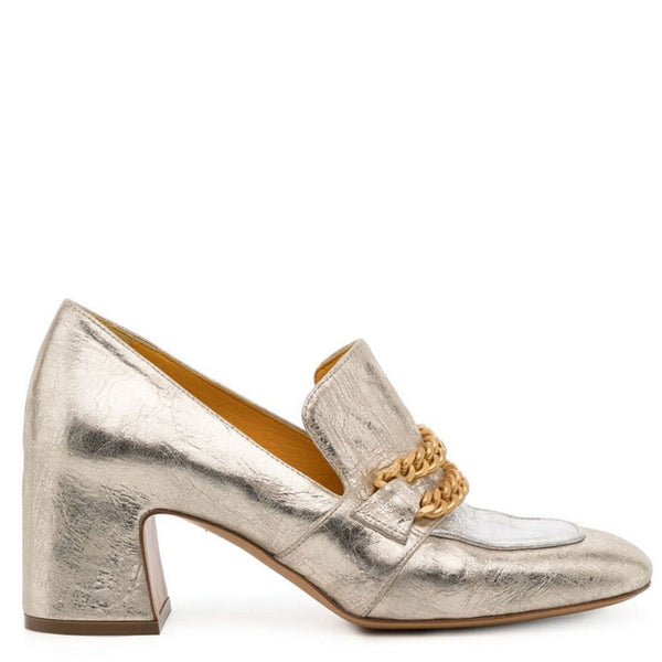 Silver metallic loafer with gold chain detail on a white background