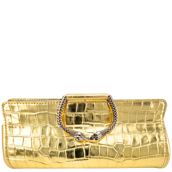 Gold crocodile-patterned handbag with a chain handle on a white background